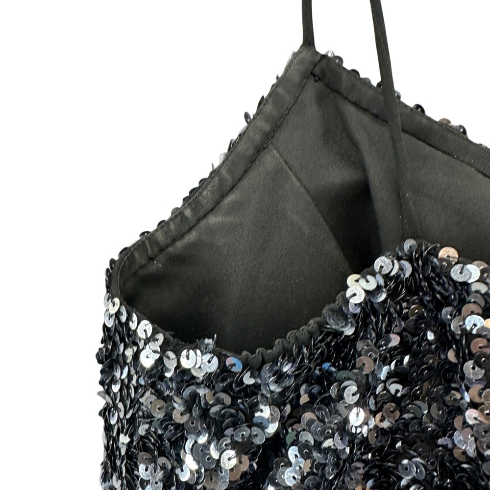 Vintage 90s Cache Sequin Top Party Asymmetric Tank Black Silver M Glam Rock - Picture 4 of 8